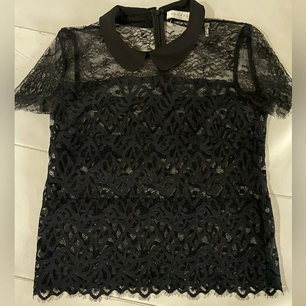 Sandro black lace Peter Pan collar Rosen blouse size 3 - Picture 1 of 7